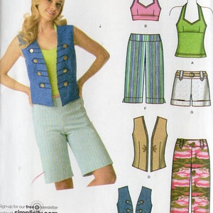 May include: A sewing pattern for a junior plus size clothing line. The pattern includes a vest, shorts, pants, and tops. The pattern is printed on white paper with black lines. The pattern is for sizes 14-20.