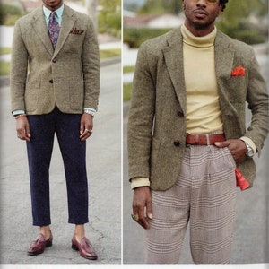 May include: A man is wearing a green tweed blazer with a yellow turtleneck sweater and plaid pants. He is wearing a brown belt and has a red handkerchief in his pocket. The text "Sew Along With Mimi G" and a YouTube logo are visible in the image. The text "www.youtube.com/simplicityvideo" is also visible.