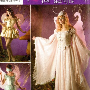 May include: A sewing pattern for adult fairy costumes. The pattern includes three different costume options: a white fairy costume with a lace bodice and long sleeves, a green fairy costume with a bodice and bloomers, and a yellow fairy costume with a bodice and a skirt. The pattern is from Simplicity and is for sizes 14, 16, 18, and 20.