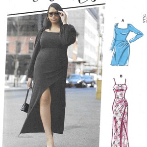 Puede incluir: Un patrón de costura para un vestido con tres vistas diferentes. El patrón incluye un vestido negro con una abertura lateral, un vestido azul claro con una abertura lateral y un vestido estampado en rosa y blanco con una abertura lateral. El patrón se llama "#BrandiMcCalls".