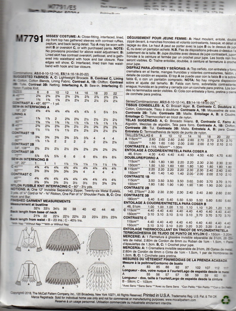 Out of Print McCall's Costume Pattern 7791 COSPLAY TOP & Etsy
