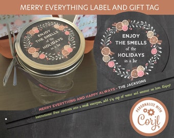 Merry Everything and Happy Always Winter in a Jar Lid Label and Gift Tag (customizable with Corjl) Downloadable Printable