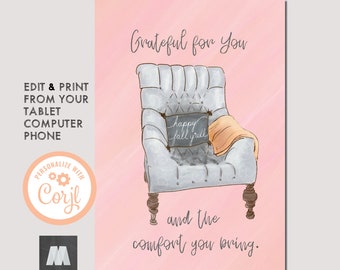 Editable/Printable Card - Fall Thanksgiving Greeting Card - Comfortable Chair (Customizable with Corjl)