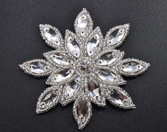 Crystal clear rhinestone Applique, Silver Beaded Snowflake Flower  for Bridal Sashes, Headpieces, Costumes