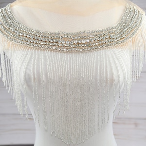beaded rhinestone fringe trim applique, silver beaded tassel trim, dangling bodice applique for wedding dress, haute couture applique