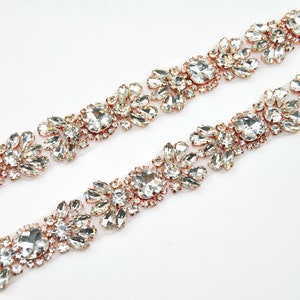 Rose gold applique trim, crystal rhinestone beaded trim, rhinestone trim by the yard, Bridal Rhinestone Trim for sash, headbands, garter