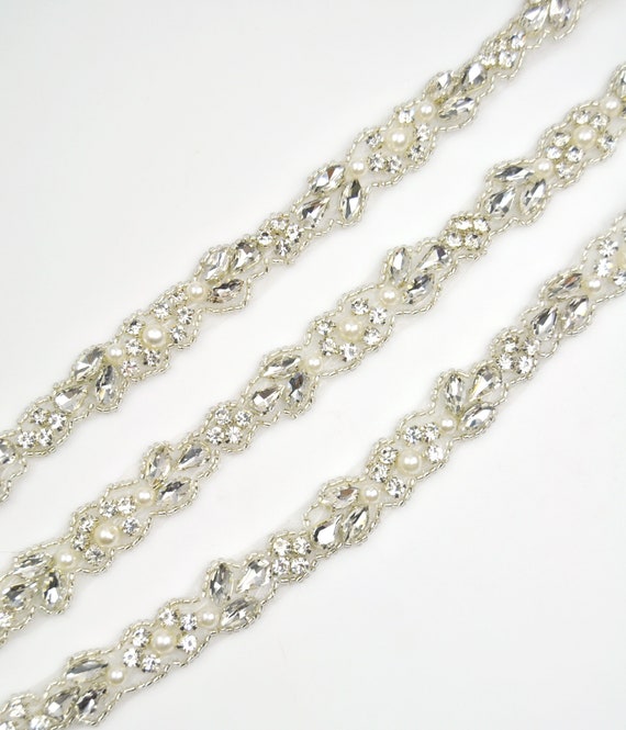 Crystal Rhinestone trim with pearls, beaded rhinestone bridal applique for  wedding gown or Sash(selling per yard)