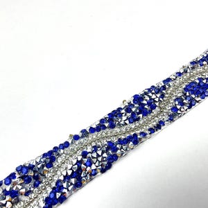Blue Crystal Rhinestone Trim: Iron-On Applique, Wedding Dress Sash (0.75 inch Wide, 1 Yard)