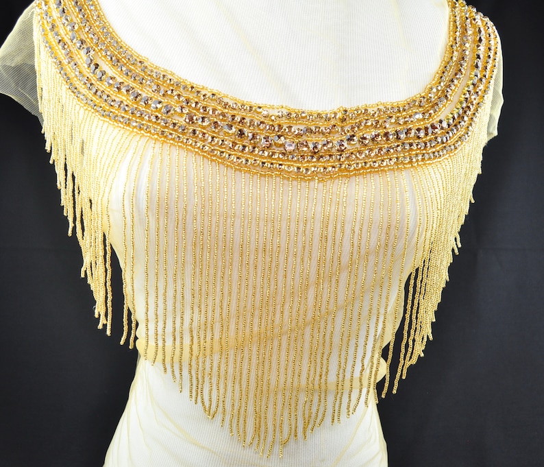 Gold beaded fringe trim applique gold beaded rhinestone Etsy