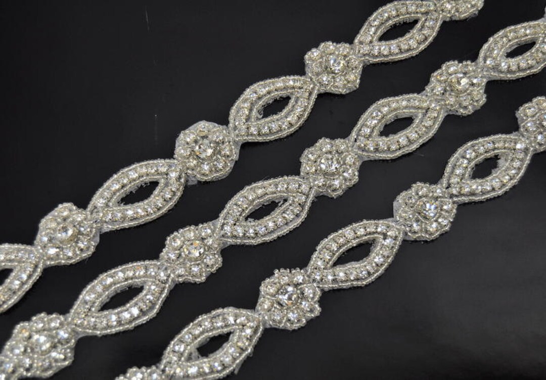 Flower Rhinestone Trim, Crystal Beaded Trim by the Yard, Bridal Belt