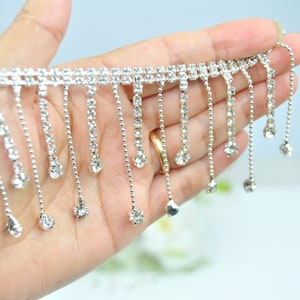 9cm Wide, Diamanté Fringe Trim, Rhinestone Fringe Silver Crystals