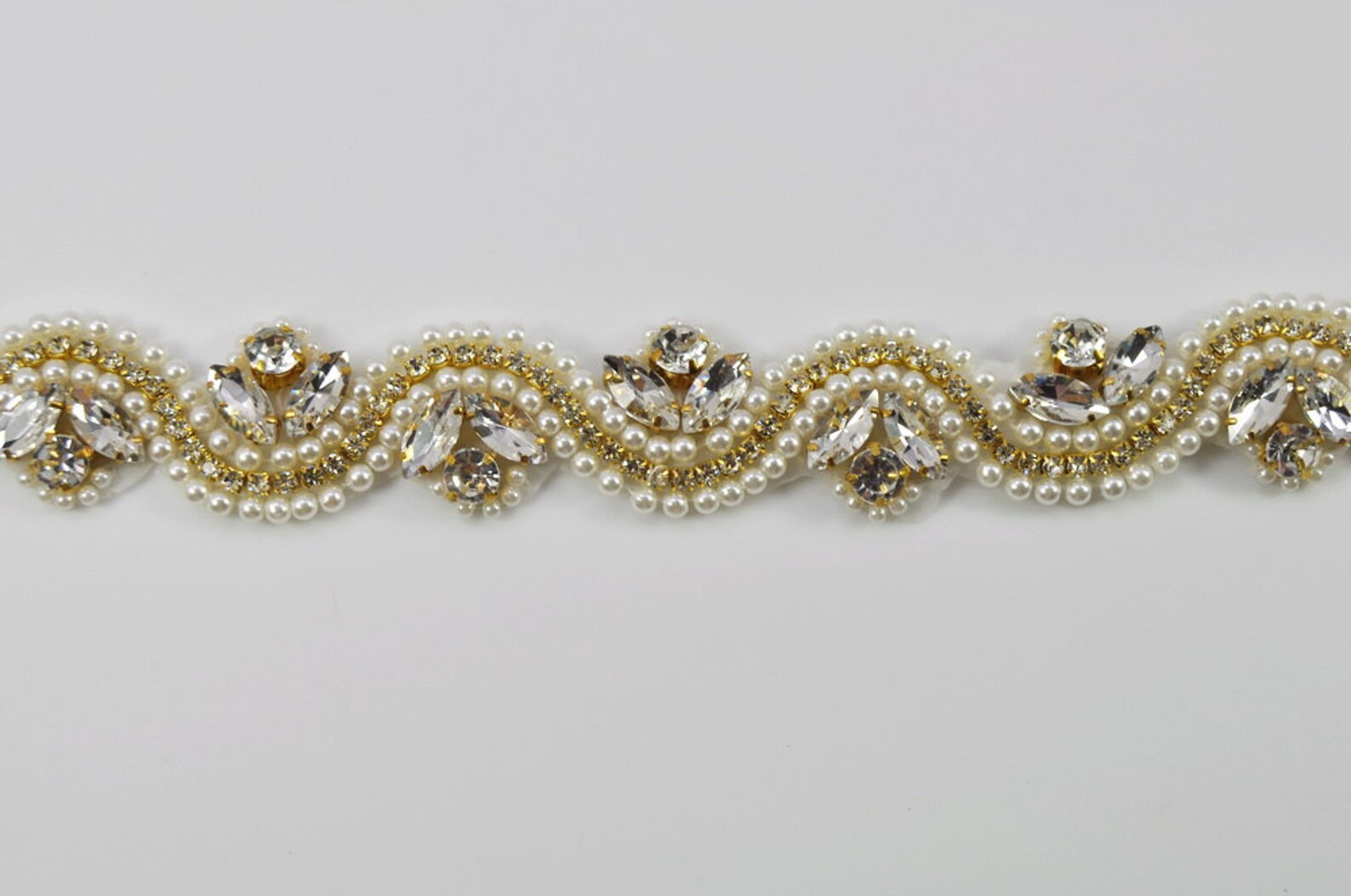 1 Yard Gold Crystal Beaded Trim Pearl Rhinestone Trim Bridal Etsy