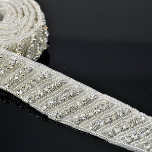 Rhinestone Beaded Trim: Silver Bridal Applique - 1 Yard