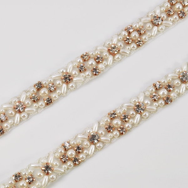 Rose Gold rhinestone Pear trim, bridal sash trim, wedding applique trim