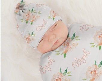 Personalized Name Swaddle, Peach floral Newborn Swaddle Blanket, Baby Blanket Set, Name Swaddle, Peach Floral Baby Shower Custom Newborn