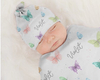 Personalized Name Swaddle, Newborn Swaddle Blanket, Baby Blanket Butterfly Girl Name Swaddle, Baby Shower Gift Custom Newborn Baby Hospital