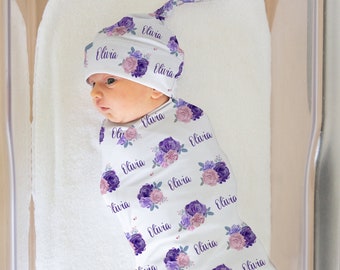 Personalized baby name swaddle blanket floral set with purple and blush pink flowers, baby personalized name newborn