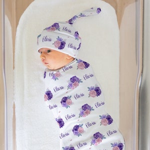 Personalized baby name swaddle blanket floral set with purple and blush pink flowers, baby personalized name newborn