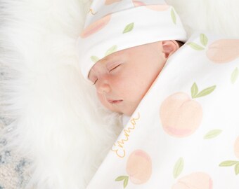 Personalized Name Swaddle, Newborn Swaddle Blanket, Baby Blanket Set Knot Hat or Name Headband Peach Girl Blanket Newborn Baby Hospital Gift