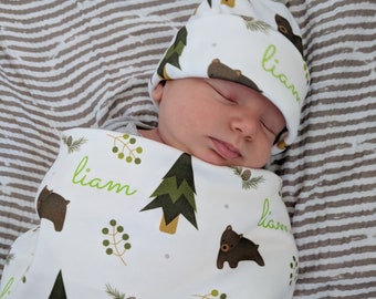 Personalized swaddle blanket woodland baby personalized name swaddle newborn hospital gift baby shower arrival gift newborn hat