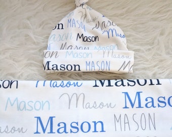 Personalized baby name knot hat and swaddle blanket set, baby boy blanket, baby personalized name newborn hospital gift baby shower gift