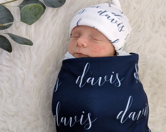 Personalized navy blue swaddle blanket, baby personalized name swaddle, newborn hospital gift, baby shower gift, baby blanket set
