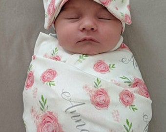 Personalized swaddle blanket, pink floral rose baby personalized name swaddle, newborn hospital gift, floral baby shower gift, name blanket