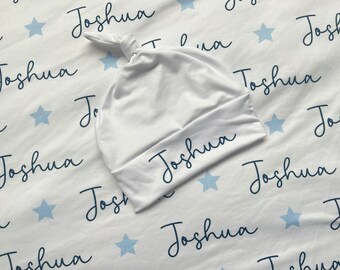 Personalized star Baby Swaddle Blanket, star knot hat or headband, personalized swaddle baby shower gift