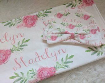 Personalized baby name blanket // baby rose vine personalized name swaddle // newborn baby girl baby boy // baby shower gift