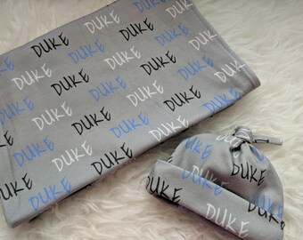 Personalized gray swaddle blanket // baby personalized name swaddle // newborn hospital gift // baby shower gift