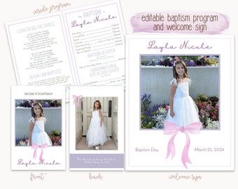 Baptism program LDS Editable Template, Church of Jesus Christ of Latter-Day Saints Baptism invitation, bow girl baptism program