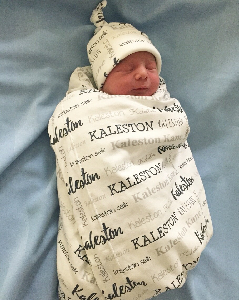 Personalized baby name knot hat and swaddle blanket set baby Etsy