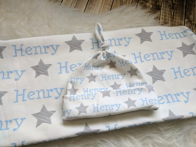 Personalized Swaddle Blanket and Hat Set // Gray Star Baby Etsy
