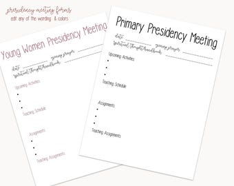 Presidency Meeting Sheets LDS Editable Template, Church of Jesus Christ of Latter-Day Saints Primary Young Womens or Relief Society meeting
