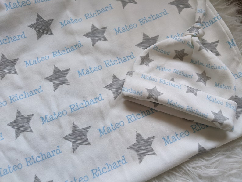 Personalized Swaddle Blanket and Hat Set // Gray Star Baby Etsy