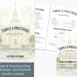 Op de afbeelding: Een set gedrukte materialen voor een voorbereidingsevenement voor de Tempel en het Priesterschap. Het ontwerp toont een aquarelillustratie van een tempel, met tekst inclusief de datum, tijd en locatie van het evenement. Programma en uitnodiging zijn inbegrepen.
