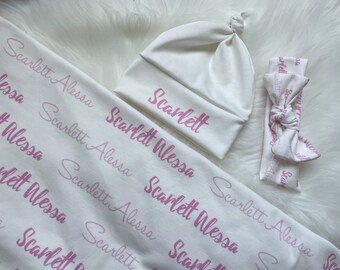 Personalized Baby Swaddle Blanket, Pink knot hat or headband, personalized swaddle baby shower gifts