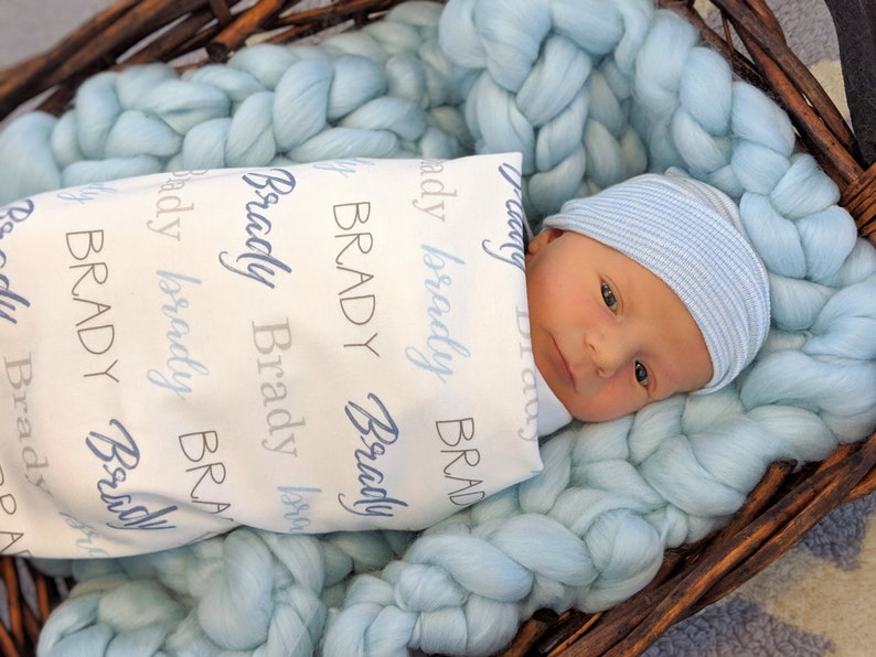 Personalized Baby Swaddle and Hat Blue and Brown Set Etsy