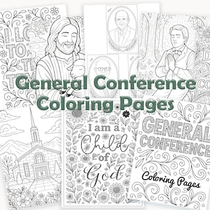 Könnte beinhalten: Eine Sammlung von Schwarz-Weiß-Malvorlagen mit religiösen Themen. Die Seiten zeigen Illustrationen von Jesus mit einem Lamm, Porträts und floralen Designs. Der Text "General Conference Coloring Pages" ist deutlich sichtbar.