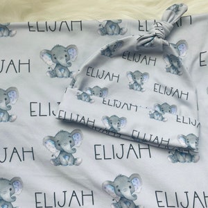 Elephant Personalized swaddle blanket and hat set, personalized blanket, newborn name blanket, baby elephant hospital gift, baby shower gift image 4