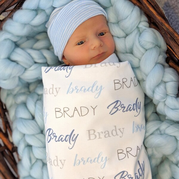 Personalized Name Swaddle, Newborn Swaddle Blanket, Name Swaddle, Blue and Brown Name, Baby Shower Gift Custom Newborn Baby Hospital Gift