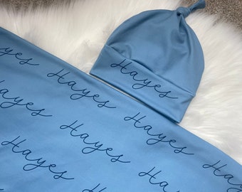 Personalized blue baby Knot Hat and Swaddle Blanket Set, baby personalized name newborn hospital gift baby shower gift baby boy or baby girl