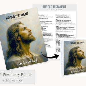 May include: A binder and printed pages with the title "THE OLD TESTAMENT Come Follow Me 2020". The binder features a portrait of a man with long hair and a beard. The text "Carolyn Allred" is also visible.