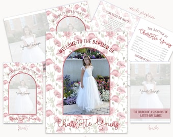 Baptism program LDS Editable Template, Church of Jesus Christ of Latter-Day Saints Baptism invitation, poppy floral girl baptism program