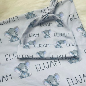 Elephant Personalized swaddle blanket and hat set, personalized blanket, newborn name blanket, baby elephant hospital gift, baby shower gift image 1