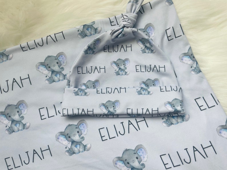 Elephant Personalized swaddle blanket and hat set, personalized blanket, newborn name blanket, baby elephant hospital gift, baby shower gift image 1