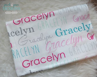 Personalized swaddle blankets, pink and teal baby personalized name swaddle, newborn hospital gift for baby girl, baby shower gift
