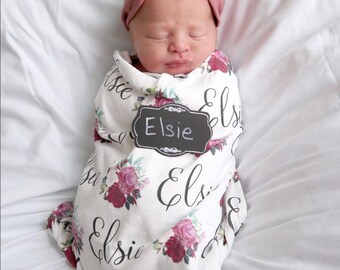 Personalized baby name blanket // baby pink floral personalized name swaddle // newborn baby girl baby boy // baby shower gift