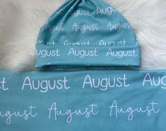 Personalized Name Swaddle, Newborn Swaddle Blanket, Baby Boy Blanket Set Knot Hat or Name Headband, Name Swaddle, Baby Shower Gift Teal