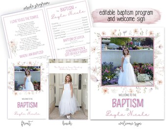 Baptism program LDS Editable Template, Church of Jesus Christ of Latter-Day Saints Baptism invitation, bow girl baptism program